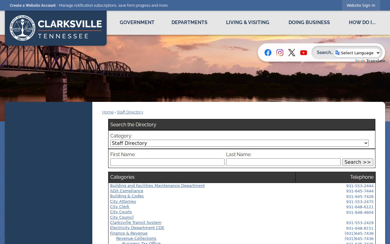 Clarksville people directories city staff search interface